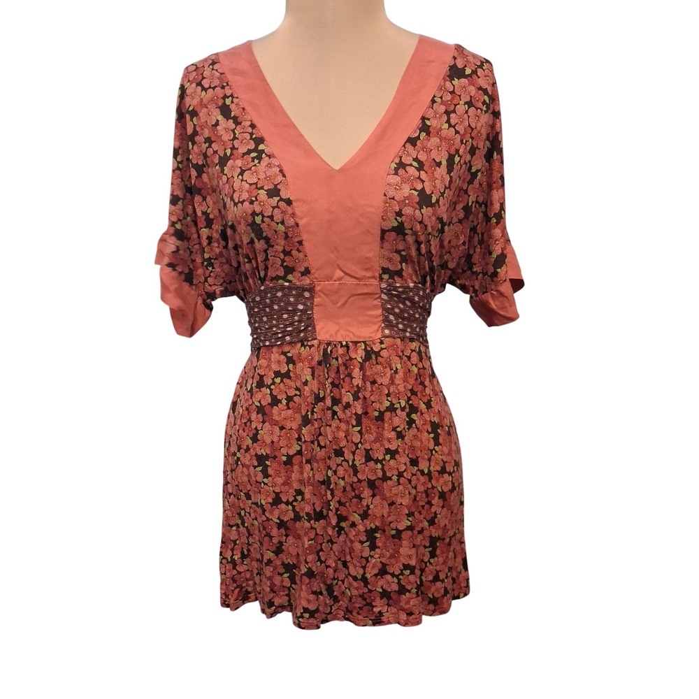 Left of Center Anthropologie Floral V-Neck Tunic Top Boho Pink Brown Medium